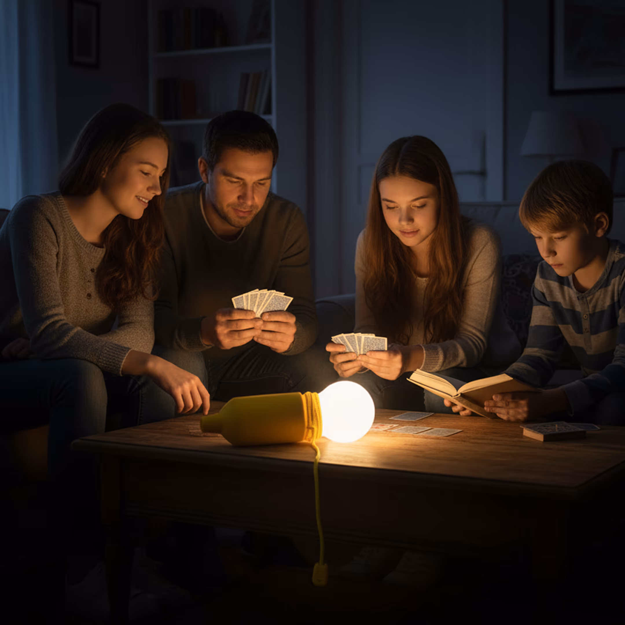 Een gezin speelt 's avonds kaart aan tafel, verlicht door één noodlamp