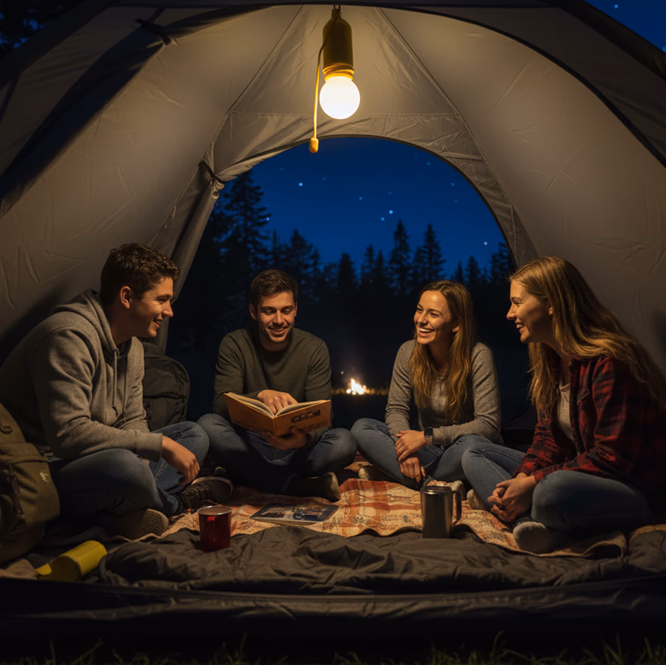 Vier vrienden zitten 's avonds in een tent, verlicht door een noodlamp aan de tentstok