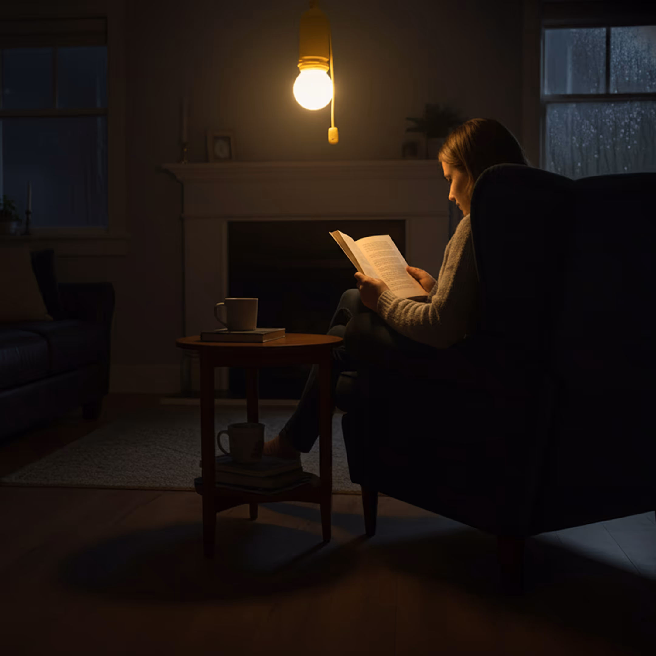 Een vrouw leest in een donkere woonkamer bij het licht van een opgehangen noodlamp